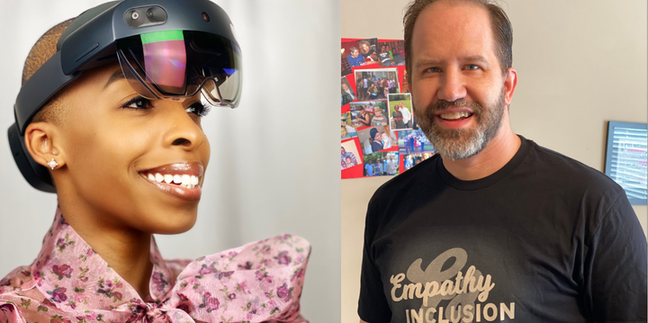 April Speight wearing a HoloLens on the left and Scott Hanselman wearing a Empathy For All shirt on the right