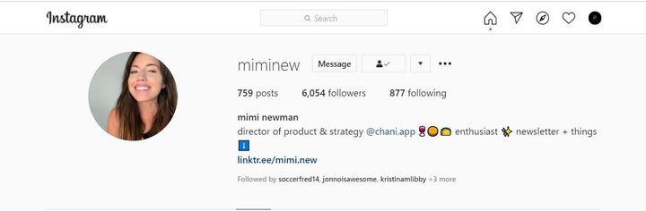 Snapshot of Mimi Newman's Instagram page