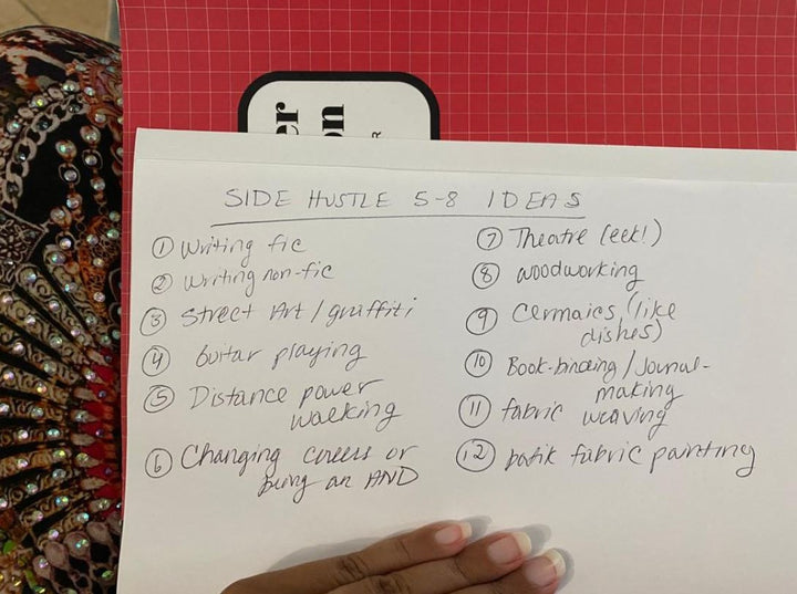 A piece of notebook paper with 20 ideas listed on it