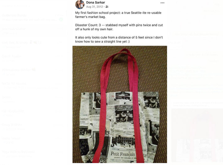 A Facebook memory with an image of a black and white tote bag with a red handle